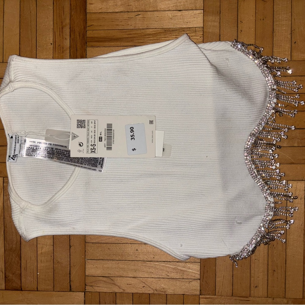 ZARA White Sleeveless Top with Beaded Fringe